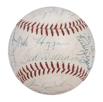 Late 1950s Red Sox Old Timers Day Signed OAL Harridge Baseball With 22 Signatures Featuring Foxx, Williams, Cronin & Grove (JSA & Letter of Provenance)